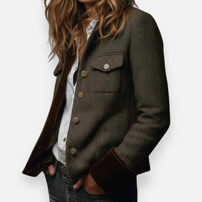 Women's Army Green Quilted Jacket with Utility Chest Pockets and Cord Trim