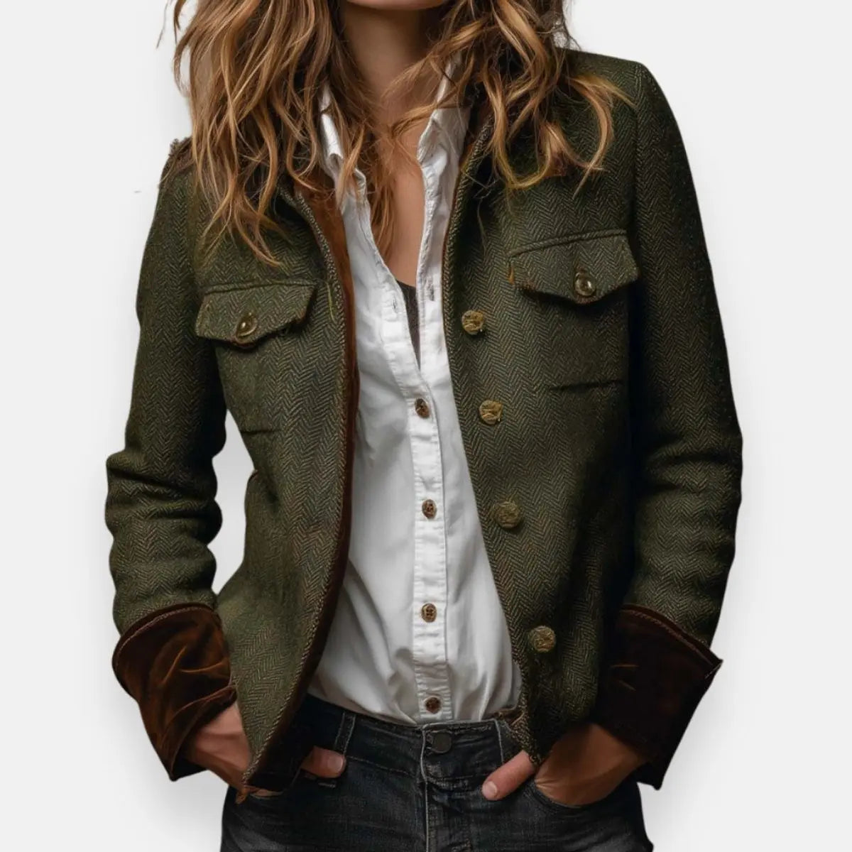 Women's Army Green Quilted Jacket with Utility Chest Pockets and Cord Trim