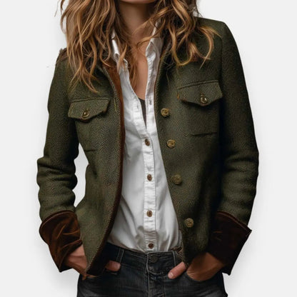 Women's Army Green Quilted Jacket with Utility Chest Pockets and Cord Trim