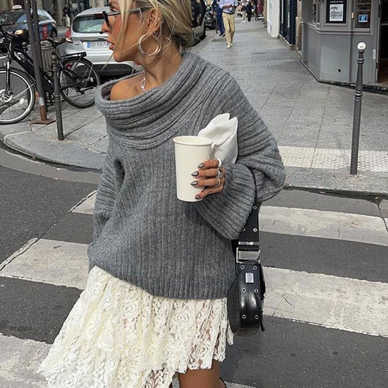 Women's Asymmetric Off Shoulder Ribbed Knit Sweater
