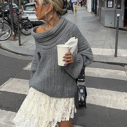 Women's Asymmetric Off Shoulder Ribbed Knit Sweater