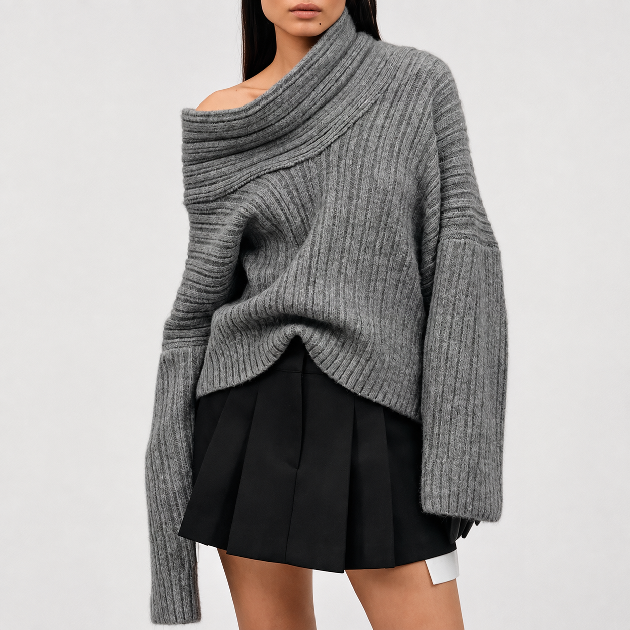 Women's Asymmetric Off Shoulder Ribbed Knit Sweater