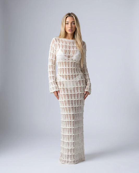 Women's beige crochet maxi cover up dress with button front, long sleeves and semi sheer knit beach style by ILYNORA