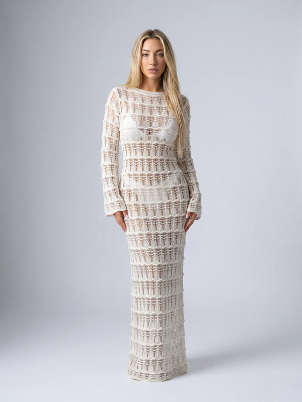 Women's beige crochet maxi cover up dress with button front, long sleeves and semi sheer knit beach style by ILYNORA