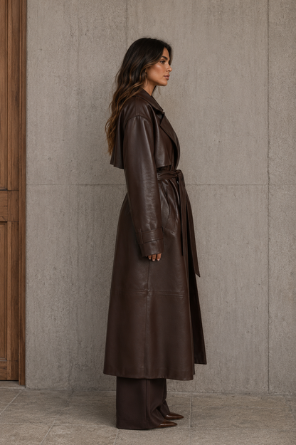 Women's Belted Faux Leather Longline Trench Coat