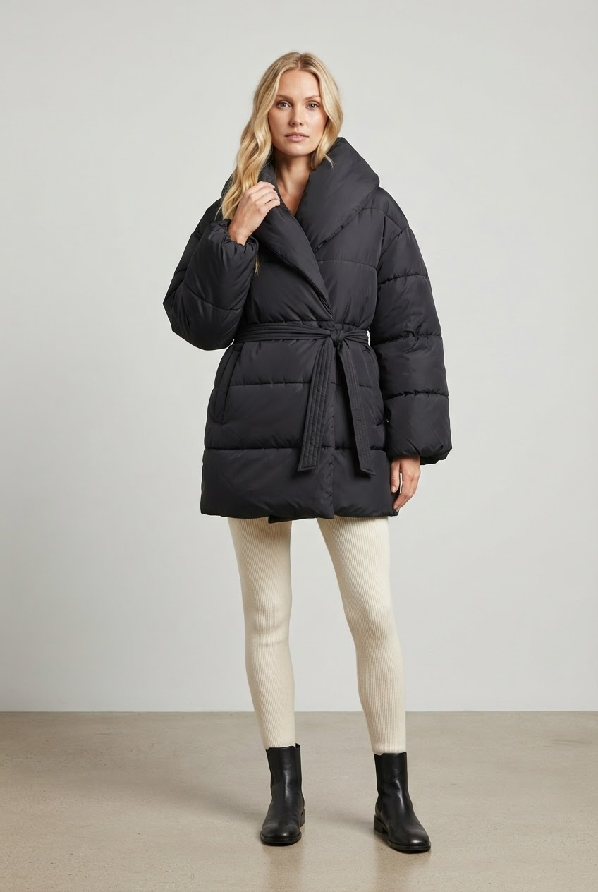 Women's Belted Puffer Coat with Shawl Collar
