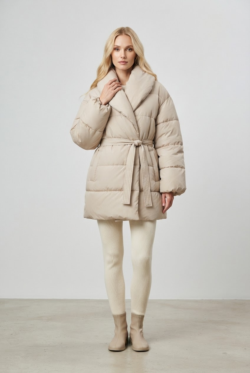 Women's Belted Puffer Coat with Shawl Collar