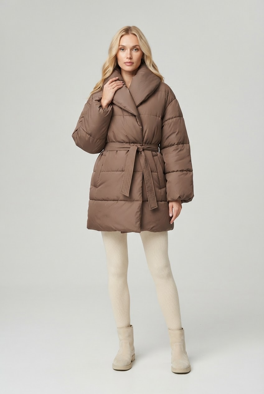 Women's Belted Puffer Coat with Shawl Collar