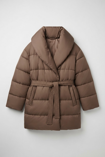 Women's Belted Puffer Coat with Shawl Collar