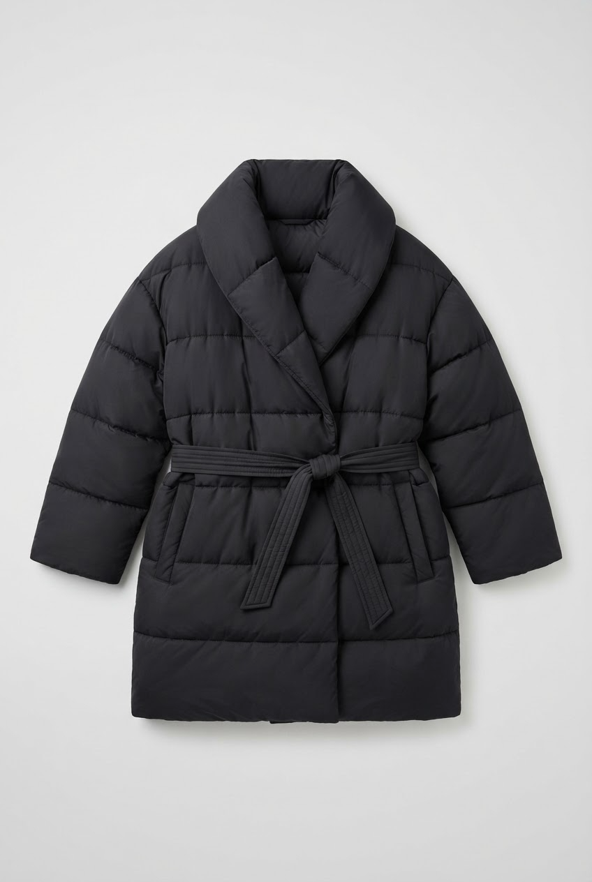 Women's Belted Puffer Coat with Shawl Collar