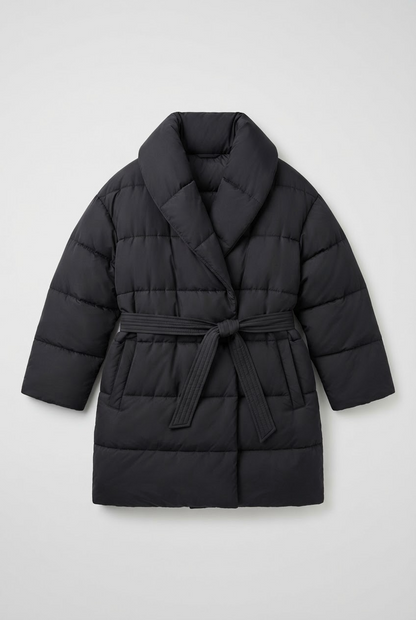Women's Belted Puffer Coat with Shawl Collar