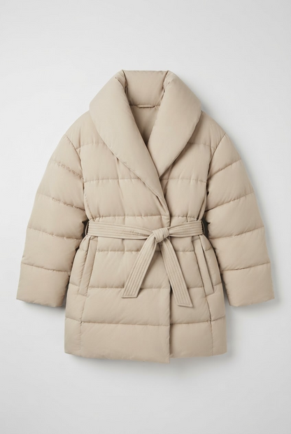 Women's Belted Puffer Coat with Shawl Collar