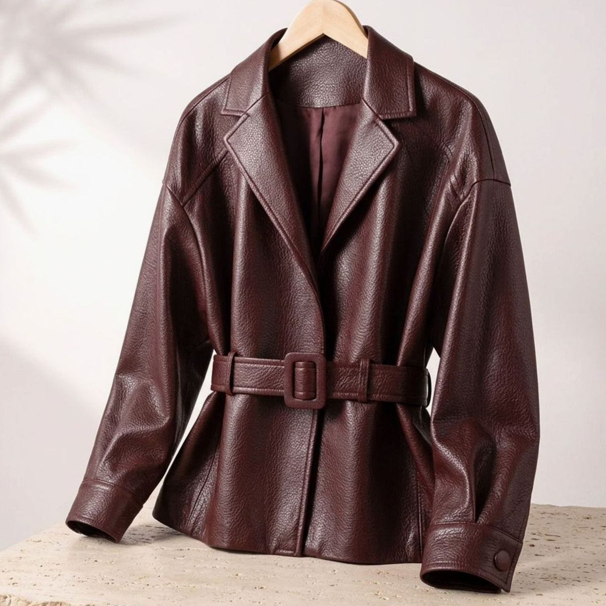 Women's Belted Sheepskin Leather Tailored Jacket