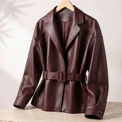 Women's Belted Sheepskin Leather Tailored Jacket