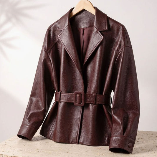 Women's Belted Sheepskin Leather Tailored Jacket
