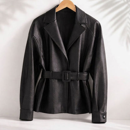 Women's Belted Sheepskin Leather Tailored Jacket