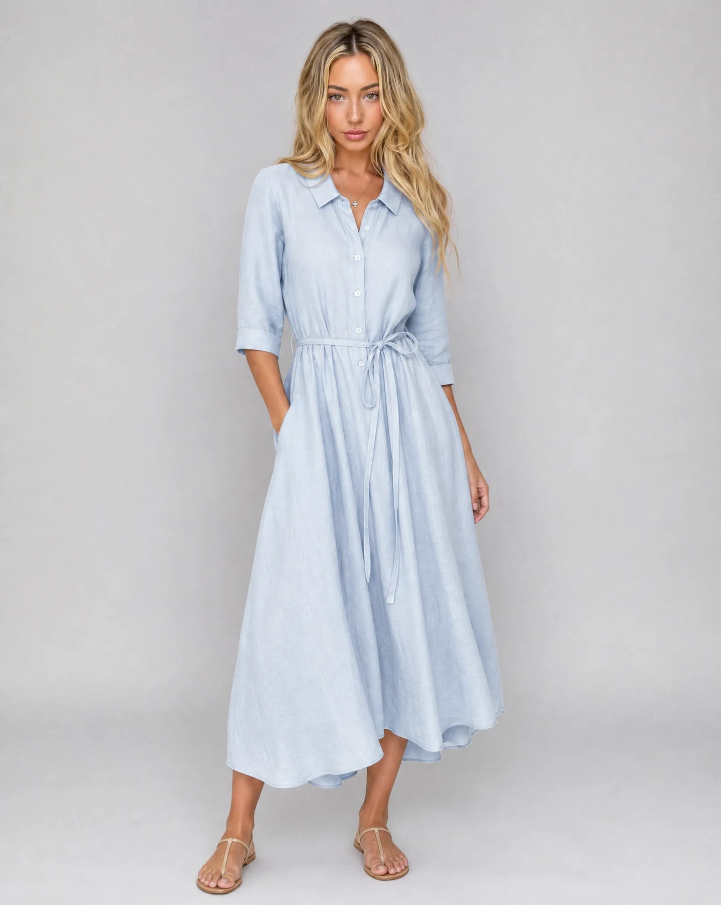 Light blue belted shirt midi dress with button front and flowing A-line silhouette by ILYNORA