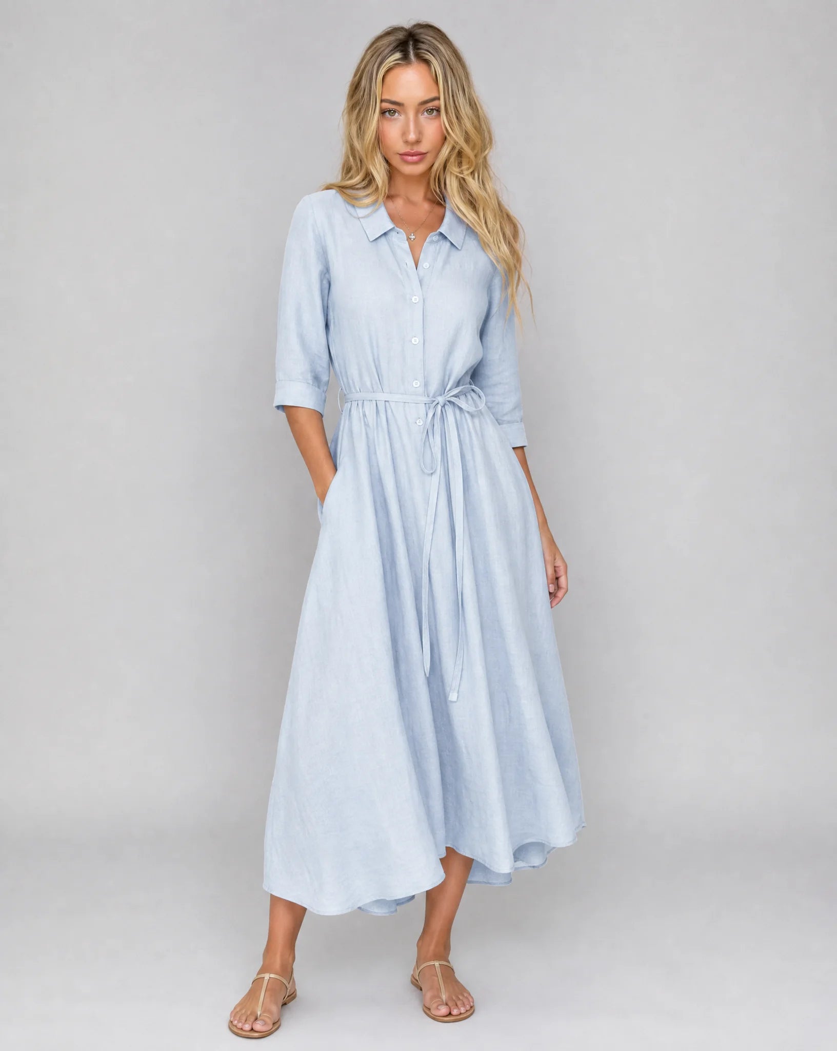 Light blue belted shirt midi dress with button front and flowing A-line silhouette by ILYNORA