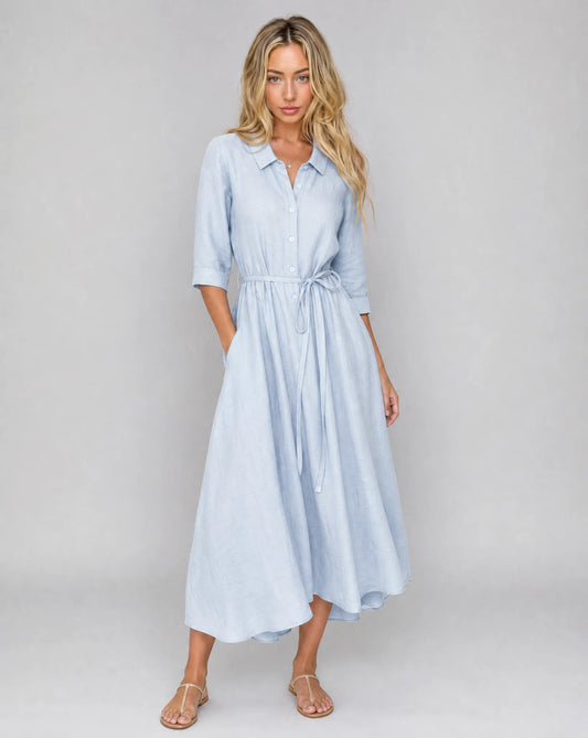 Light blue belted shirt midi dress with button front and flowing A-line silhouette by ILYNORA
