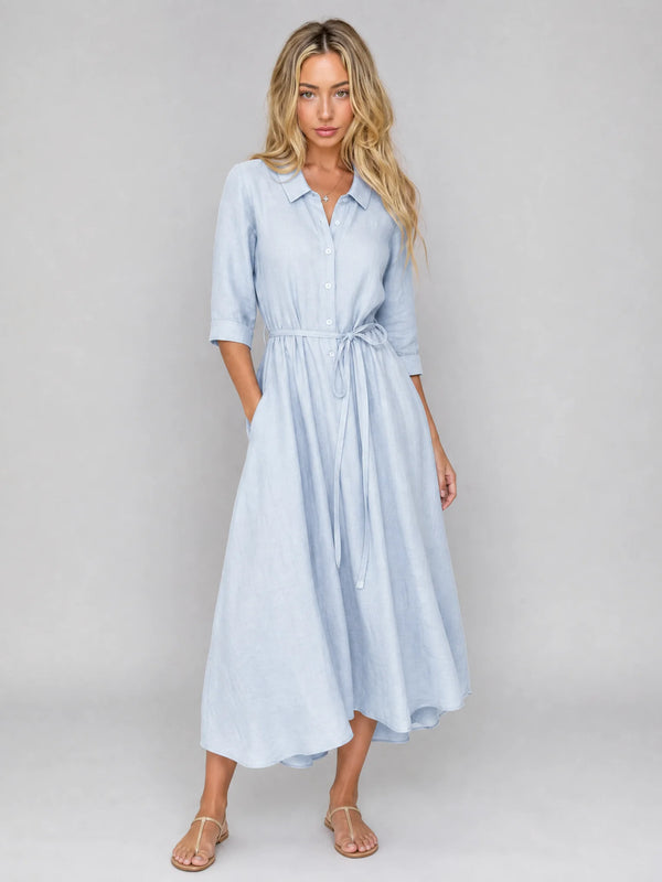 Light blue belted shirt midi dress with button front and flowing A-line silhouette by ILYNORA