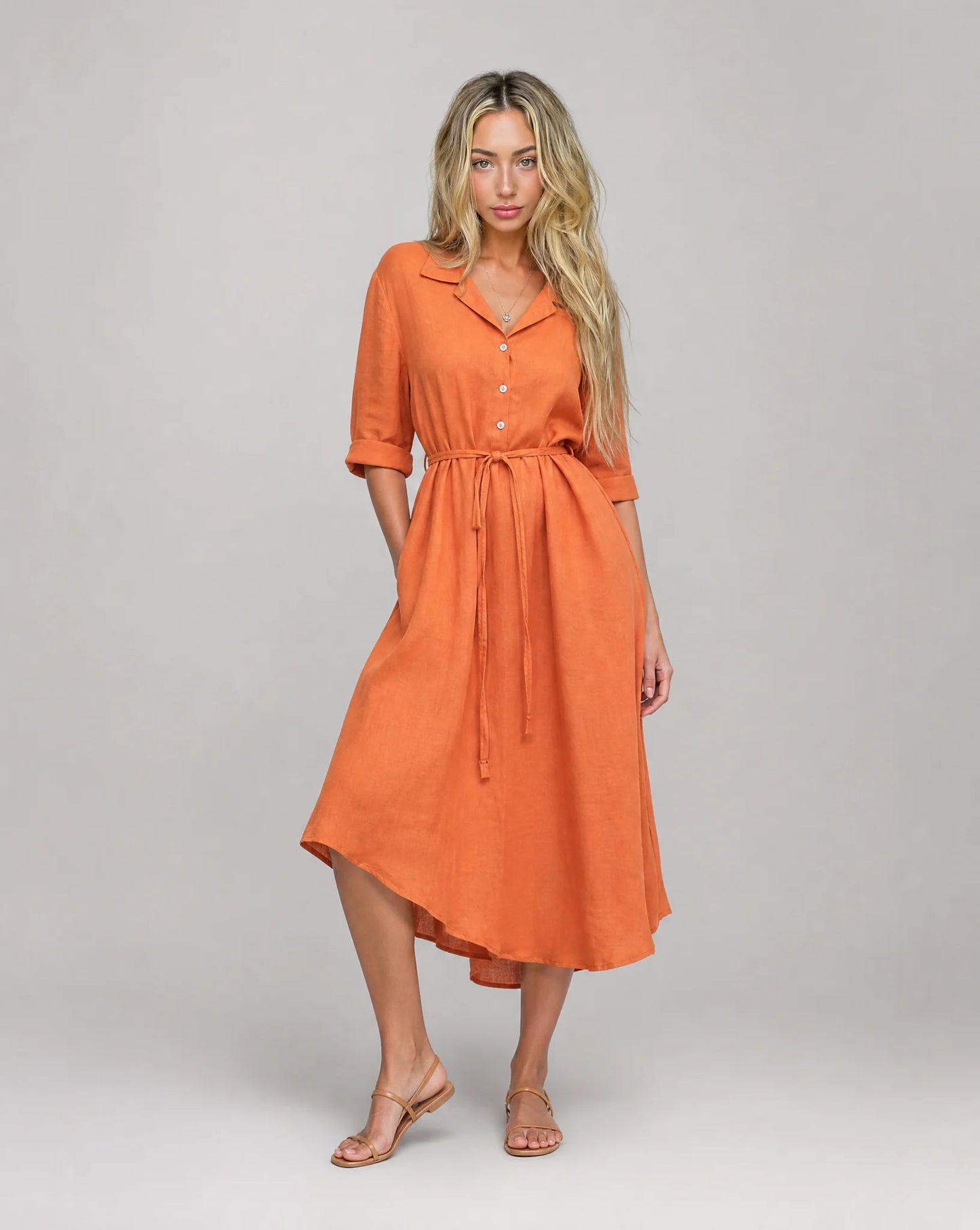 Orange belted shirt midi dress with collared neckline and elegant everyday styling by ILYNORA