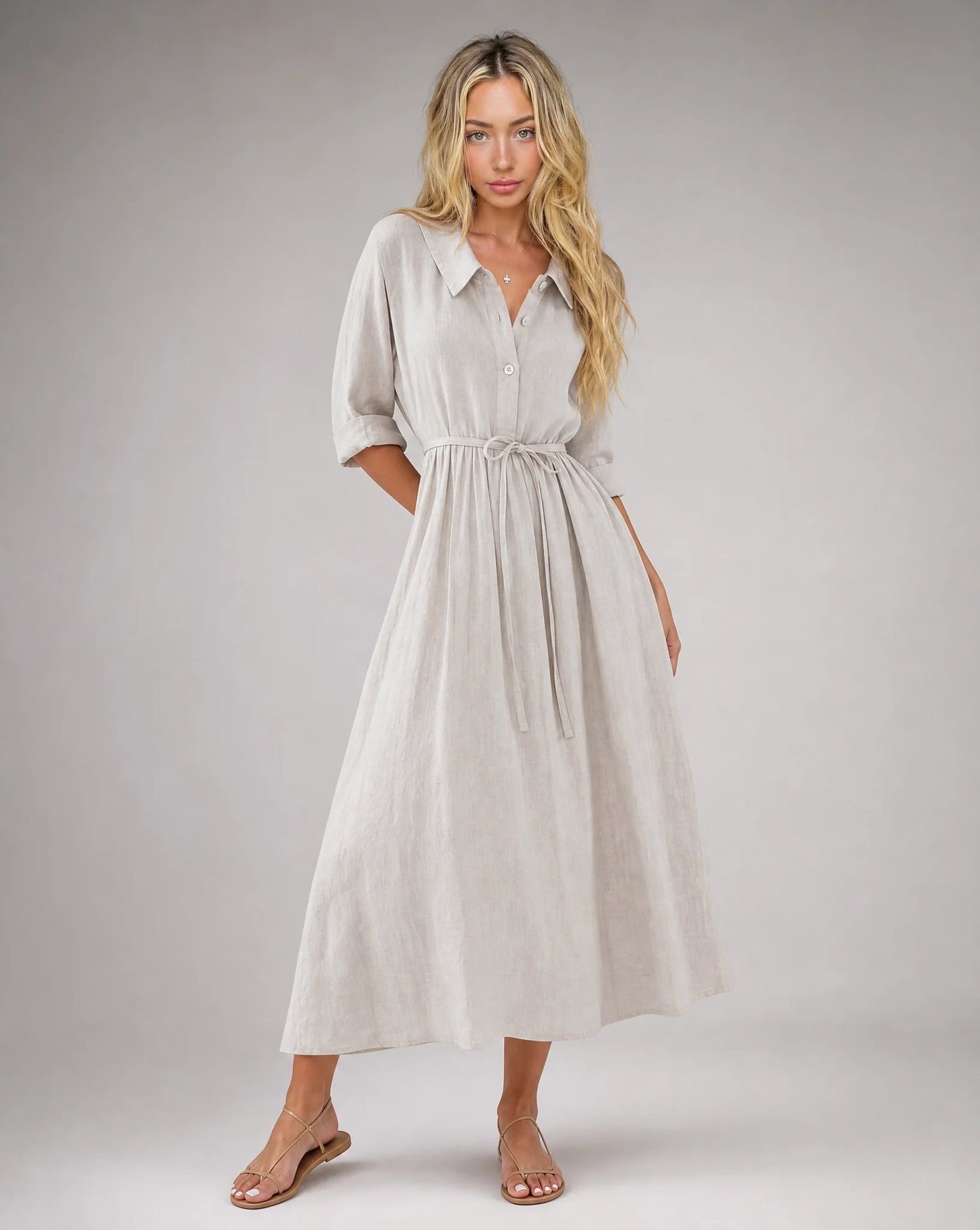 White belted shirt midi dress with button down design and timeless smart casual look by ILYNORA