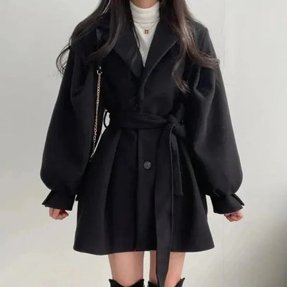 Women's Belted Trench Coat with Puff Sleeves