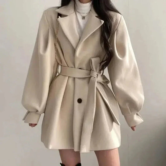 Women's Belted Trench Coat with Puff Sleeves