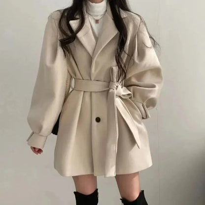 Women's Belted Trench Coat with Puff Sleeves