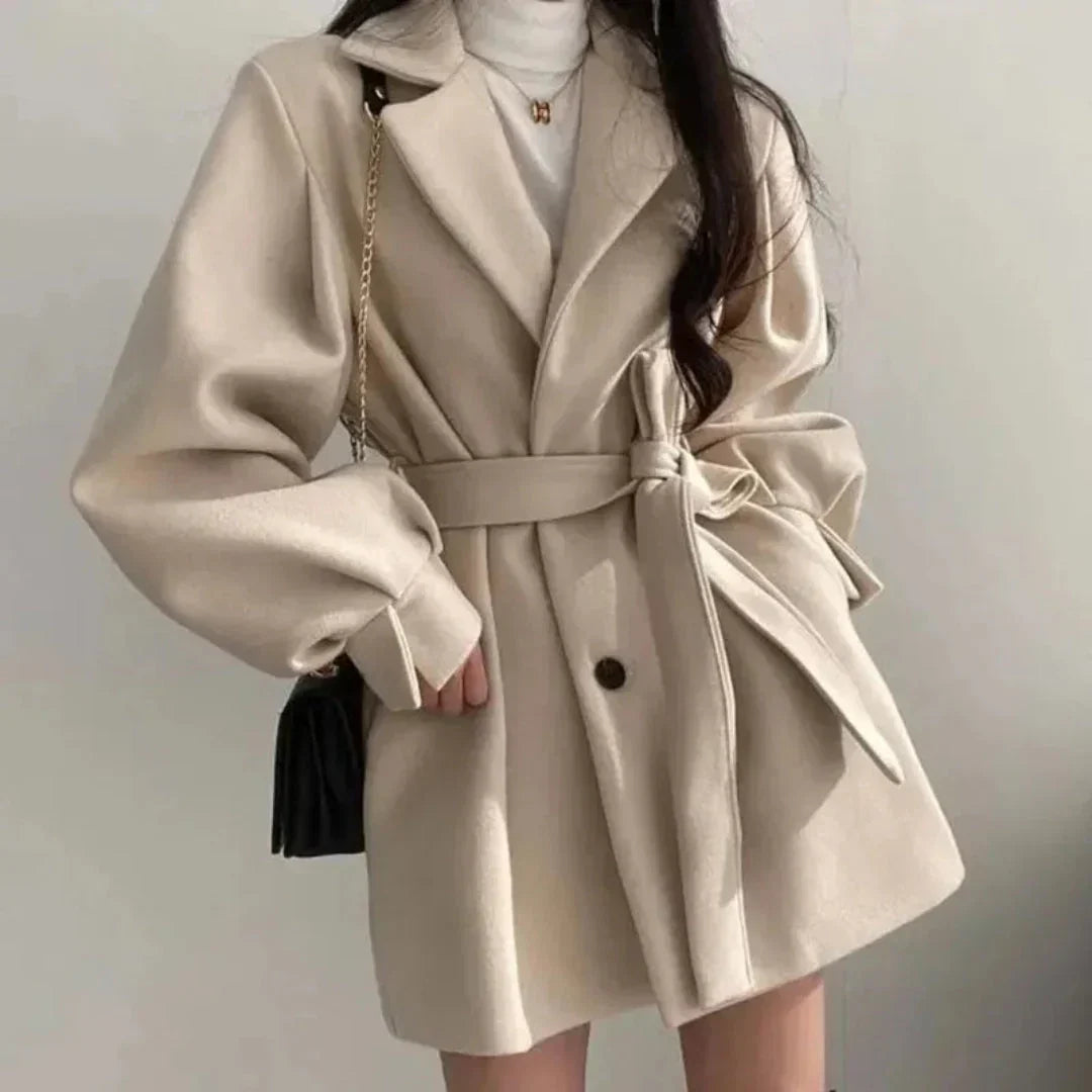 Women's Belted Trench Coat with Puff Sleeves