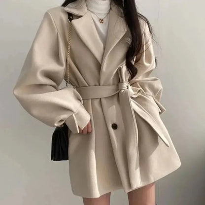 Women's Belted Trench Coat with Puff Sleeves