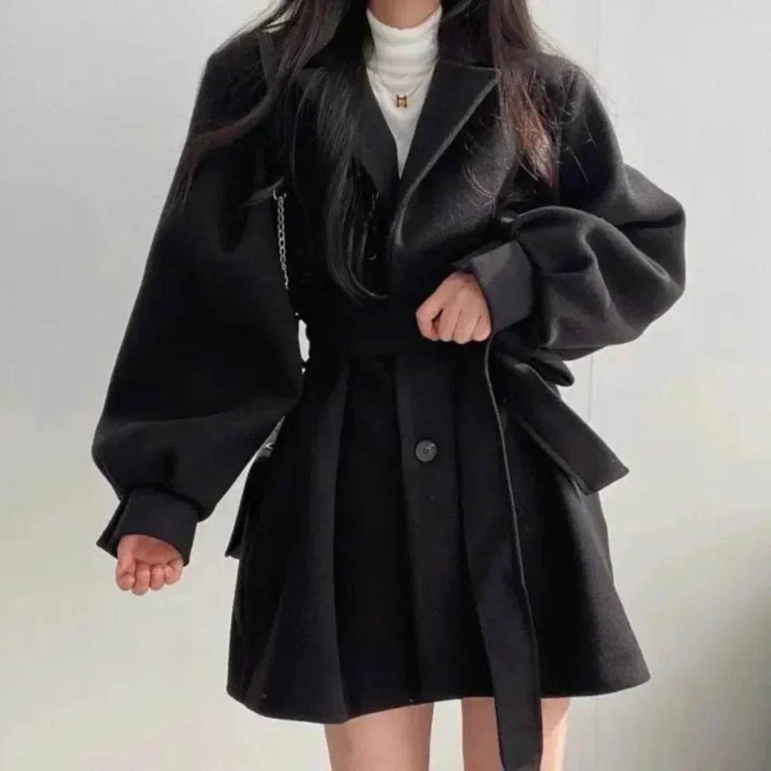 Women's Belted Trench Coat with Puff Sleeves