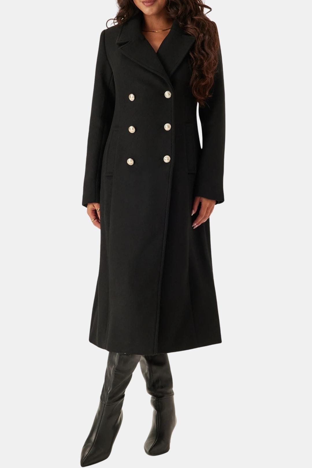 Women's Black Double Breasted Longline Wool Coat with Notch Lapel