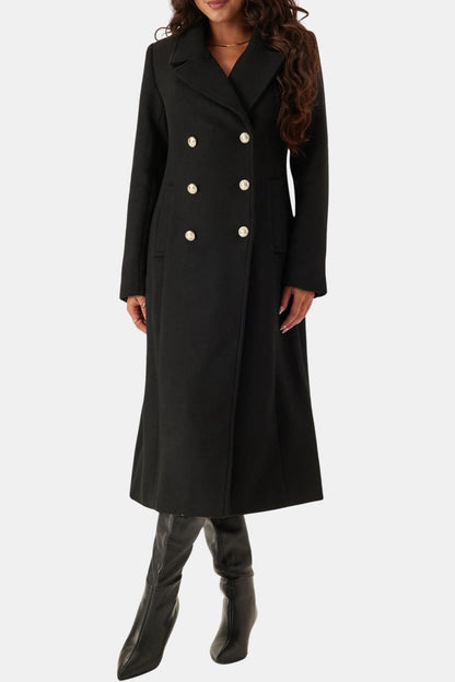 Women's Black Double Breasted Longline Wool Coat with Notch Lapel