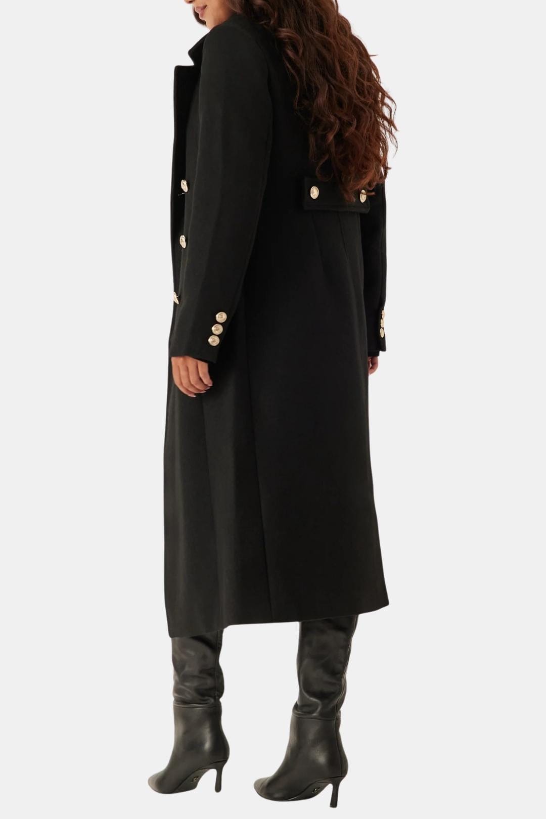 Women's Black Double Breasted Longline Wool Coat with Notch Lapel