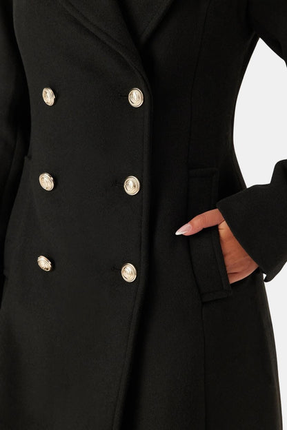 Women's Black Double Breasted Longline Wool Coat with Notch Lapel