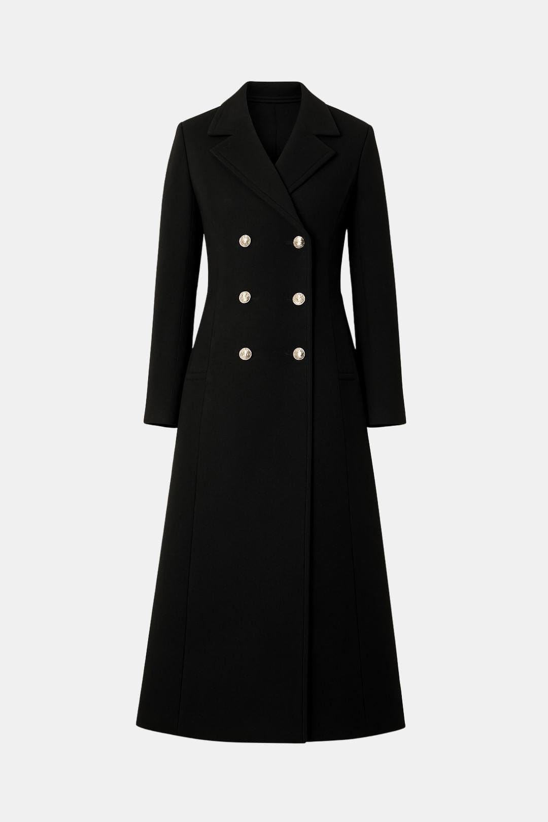 Women's Black Double Breasted Longline Wool Coat with Notch Lapel