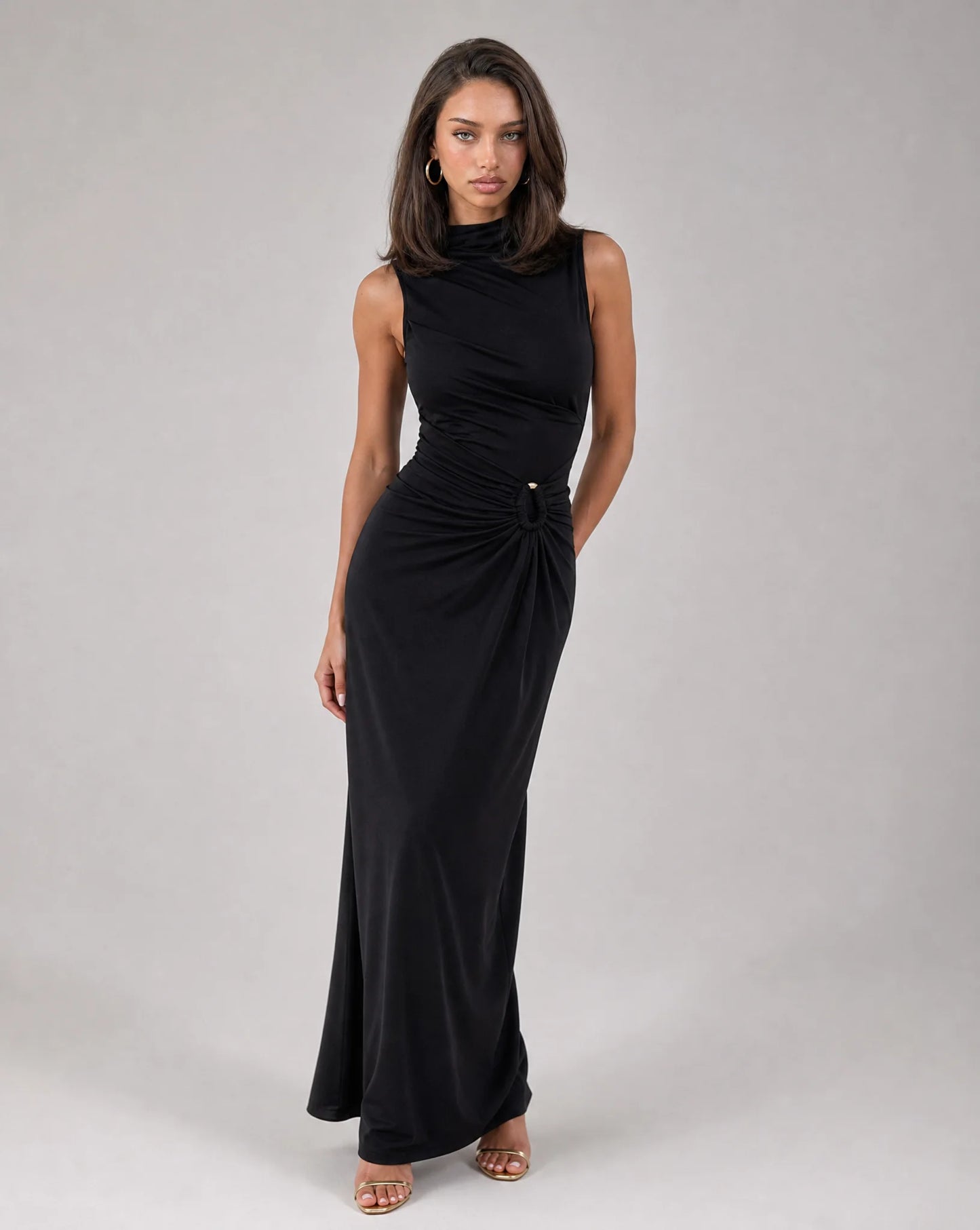 Black high neck ruched maxi dress for women by Ilynora, front view with sculpted silhouette and elegant draping