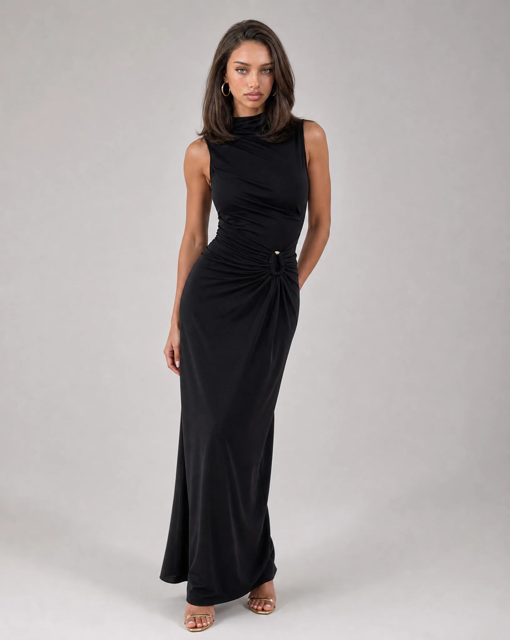 Black high neck ruched maxi dress for women by Ilynora, front view with sculpted silhouette and elegant draping