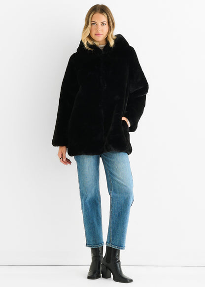 Women's Black Hooded Long Sleeve Faux Fur Winter Jacket