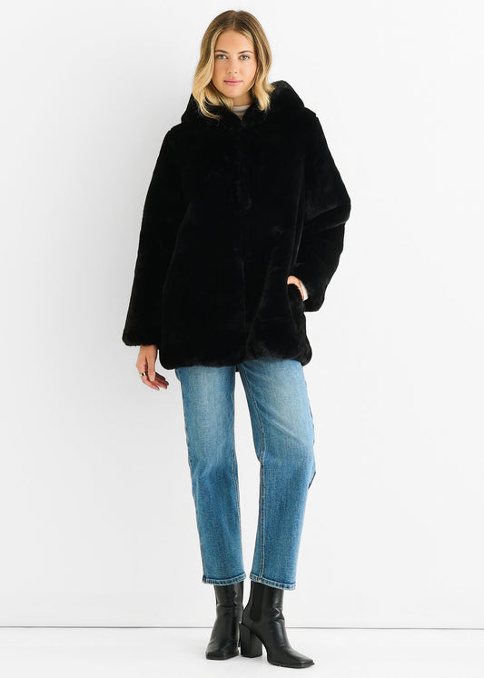 Women's Black Hooded Long Sleeve Faux Fur Winter Jacket