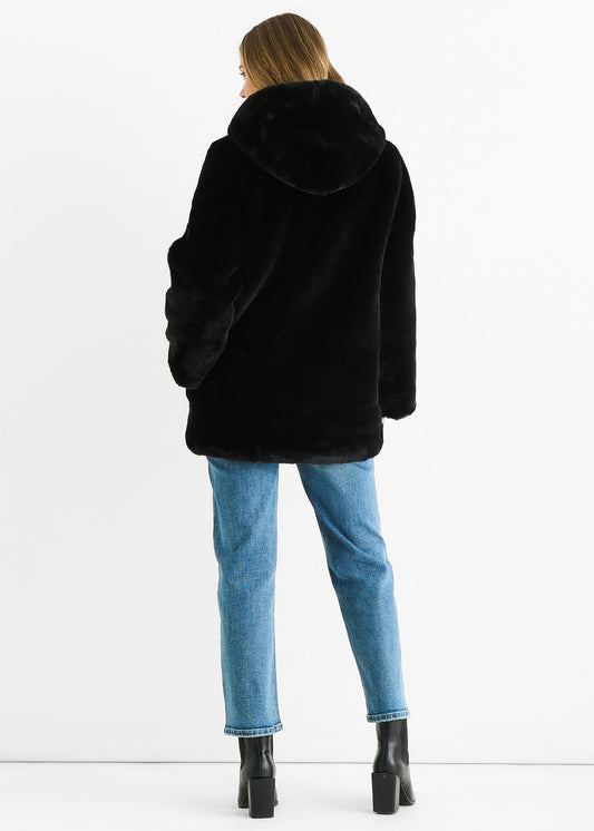 Women's Black Hooded Long Sleeve Faux Fur Winter Jacket