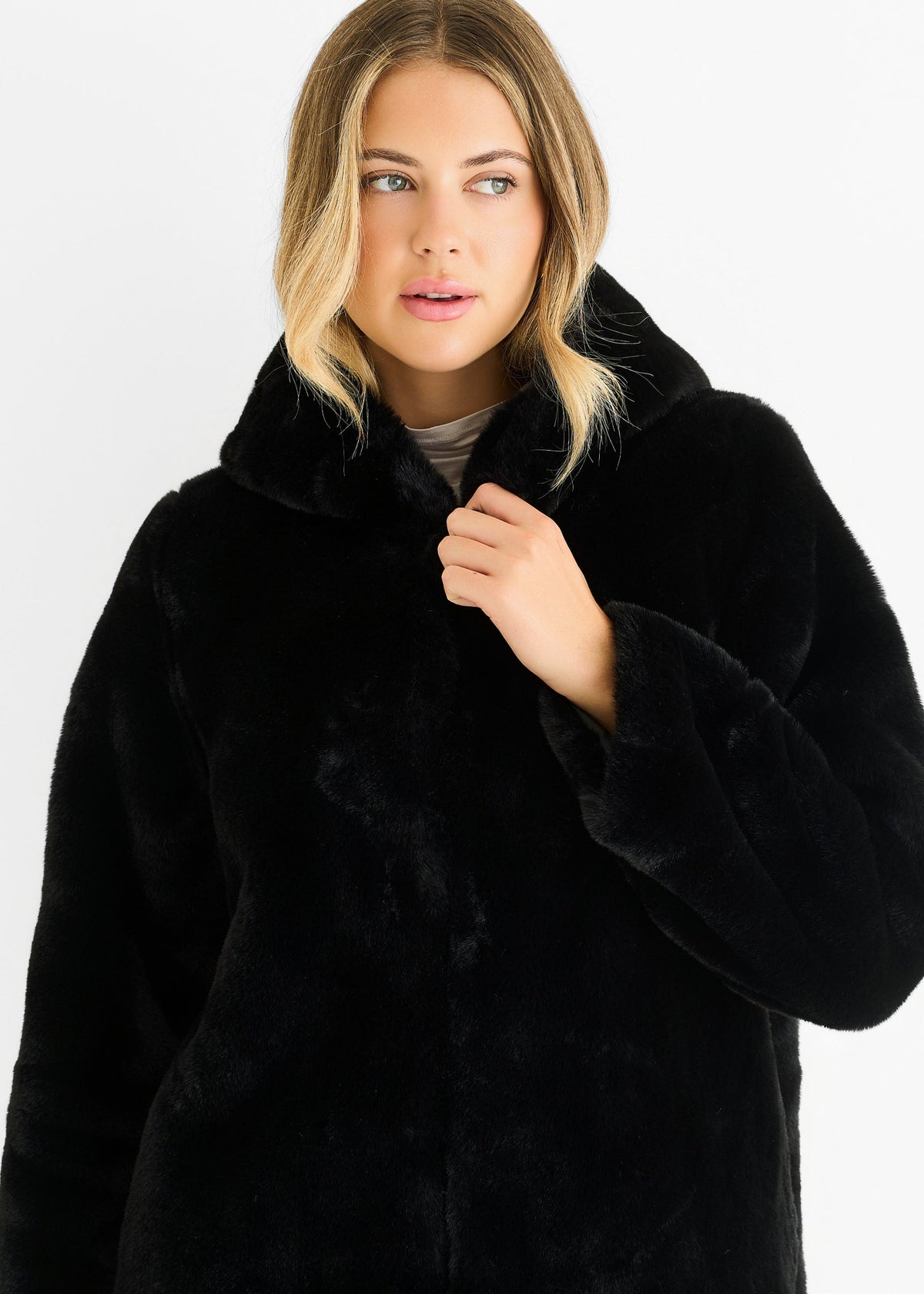 Women's Black Hooded Long Sleeve Faux Fur Winter Jacket