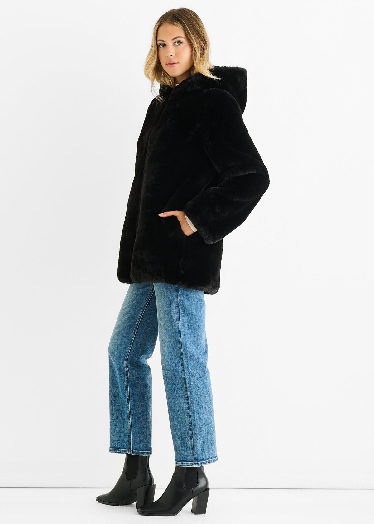 Women's Black Hooded Long Sleeve Faux Fur Winter Jacket