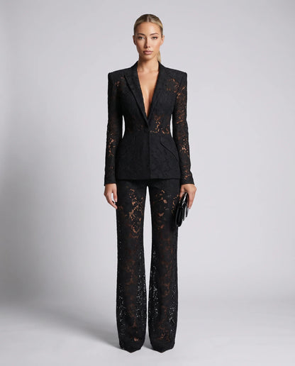 Women's black lace tailored blazer and wide leg trouser set with floral lace detailing and elegant evening silhouette by ILYNORA