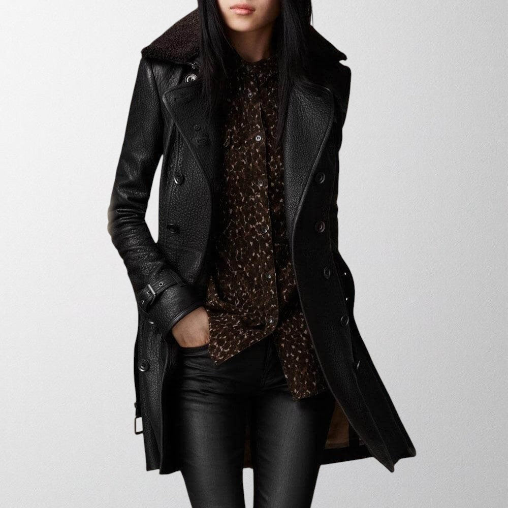 Women's Black Leather Look Winter Coat with Faux Fur Collar