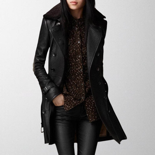 Women's Black Leather Look Winter Coat with Faux Fur Collar