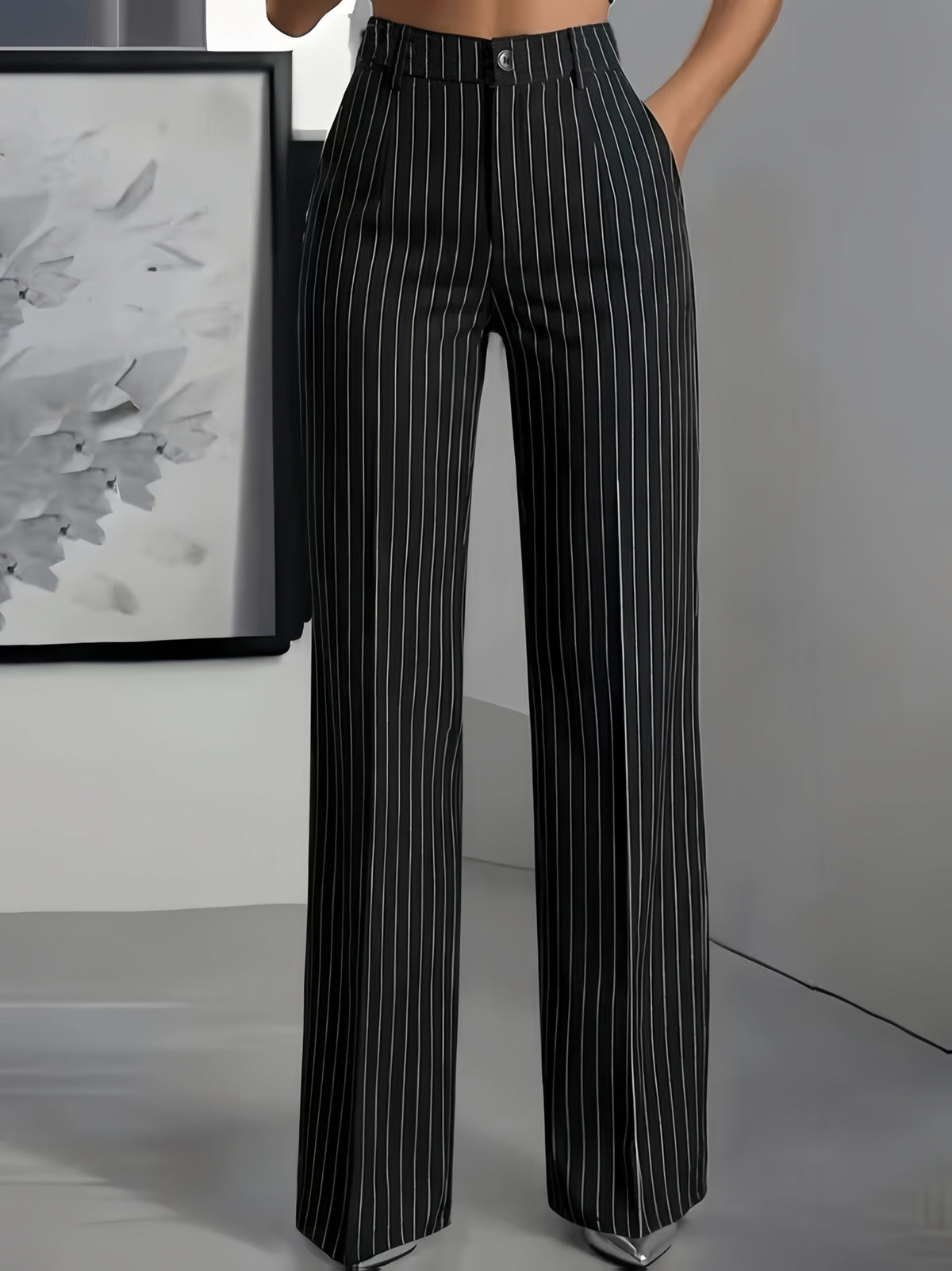 Women's Black Pinstripe Slim Fit Straight Leg Office Trousers