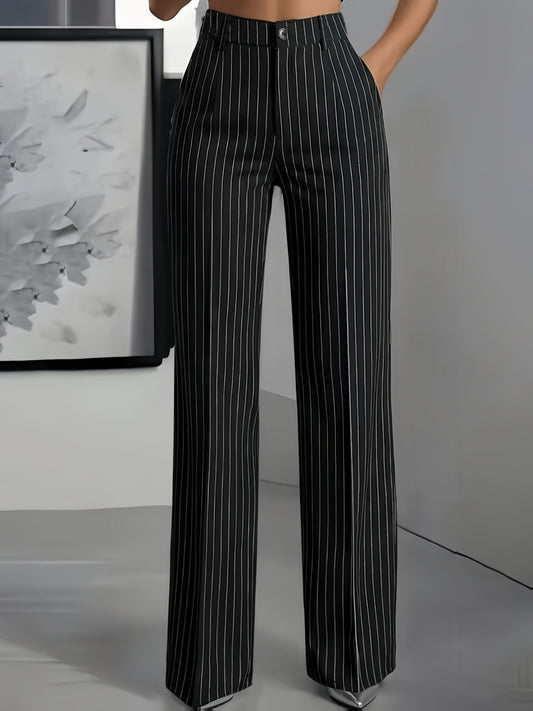 Women's Black Pinstripe Slim Fit Straight Leg Office Trousers