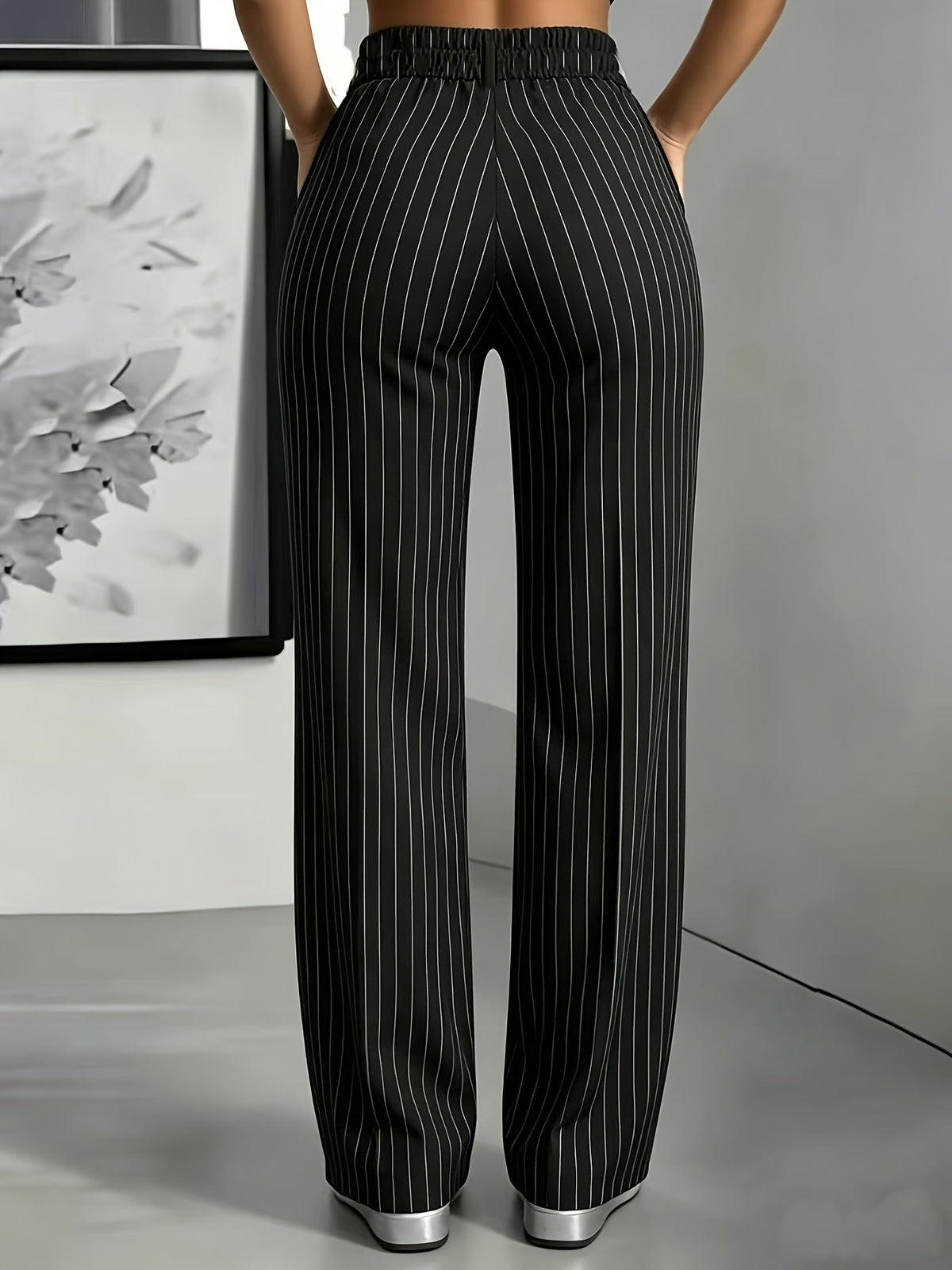 Women's Black Pinstripe Slim Fit Straight Leg Office Trousers